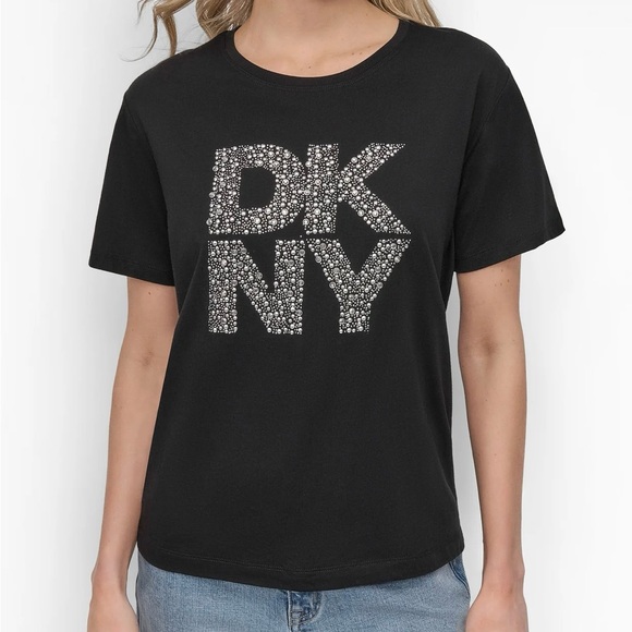 DKNY Y2K Silver Tone Glittering Bedazzled DKNY Logo Black Tee - Size L - Picture 2 of 8